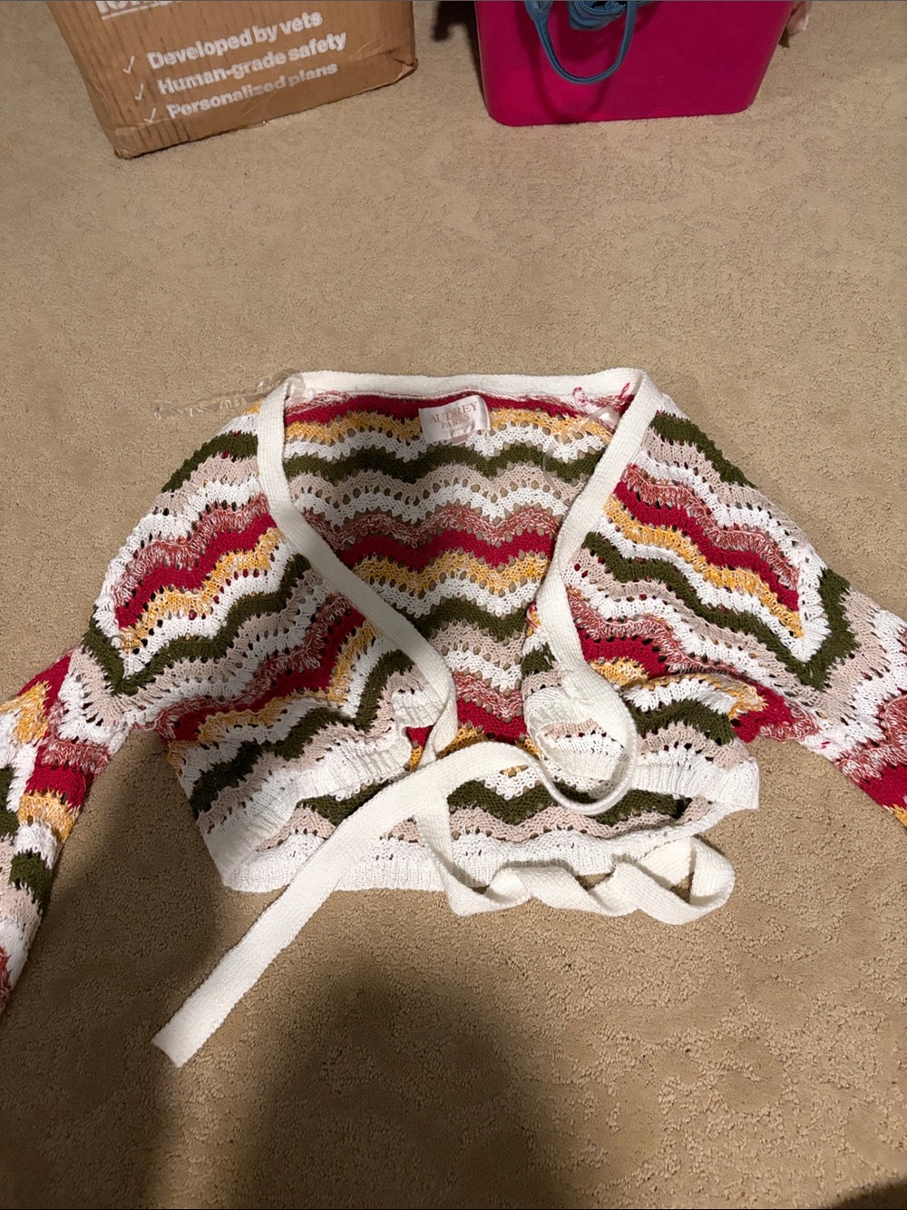 Crochet Tie-Front Cardigan in White with Pink, Olive, and Mustard Waves